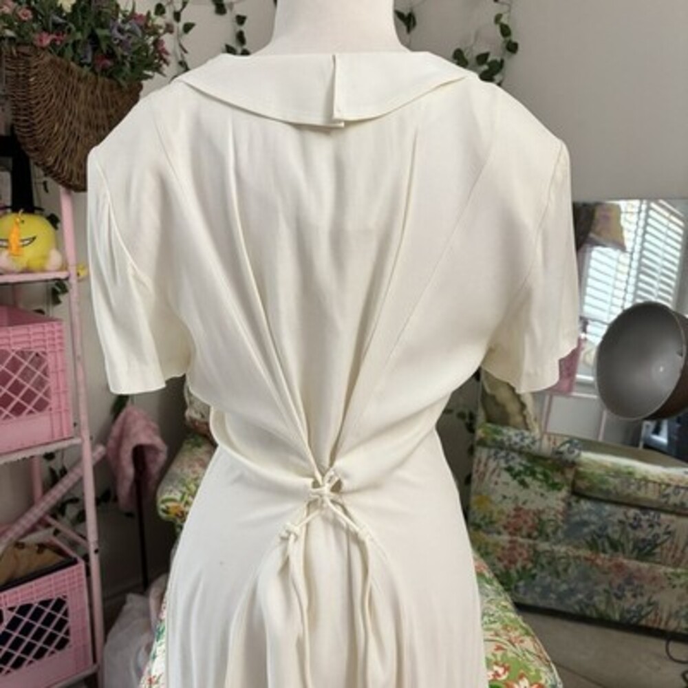 Vintage 1980s Ivory Button Front Dress Lace Collar Romantic Midi Size 11 - Picture 6 of 10